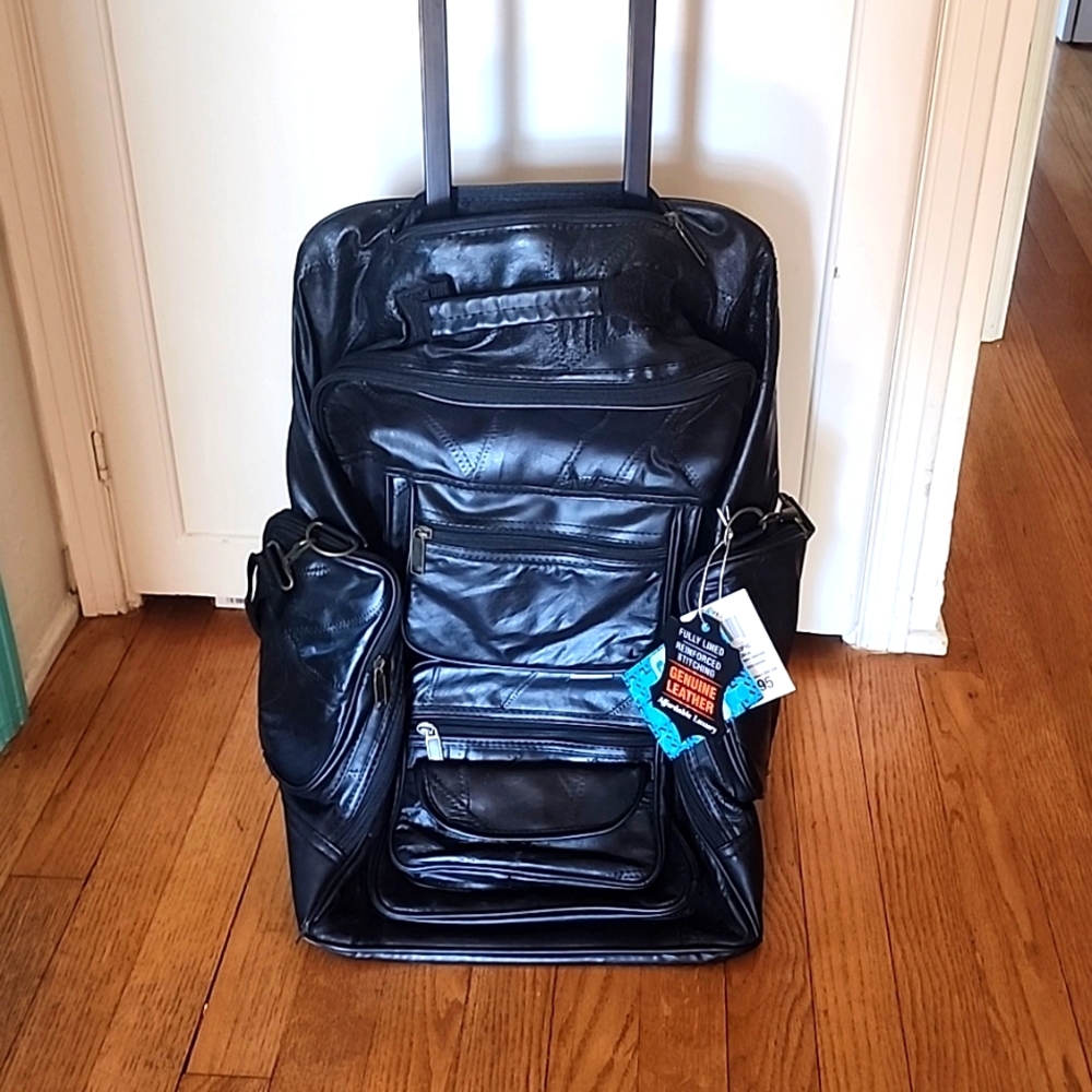 Leather backpack on wheels
